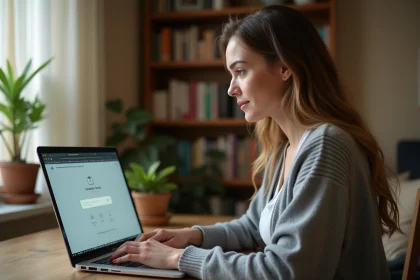 Femme consultant son webmail Alice ADSL sur un ordinateur portable dans un bureau à domicile