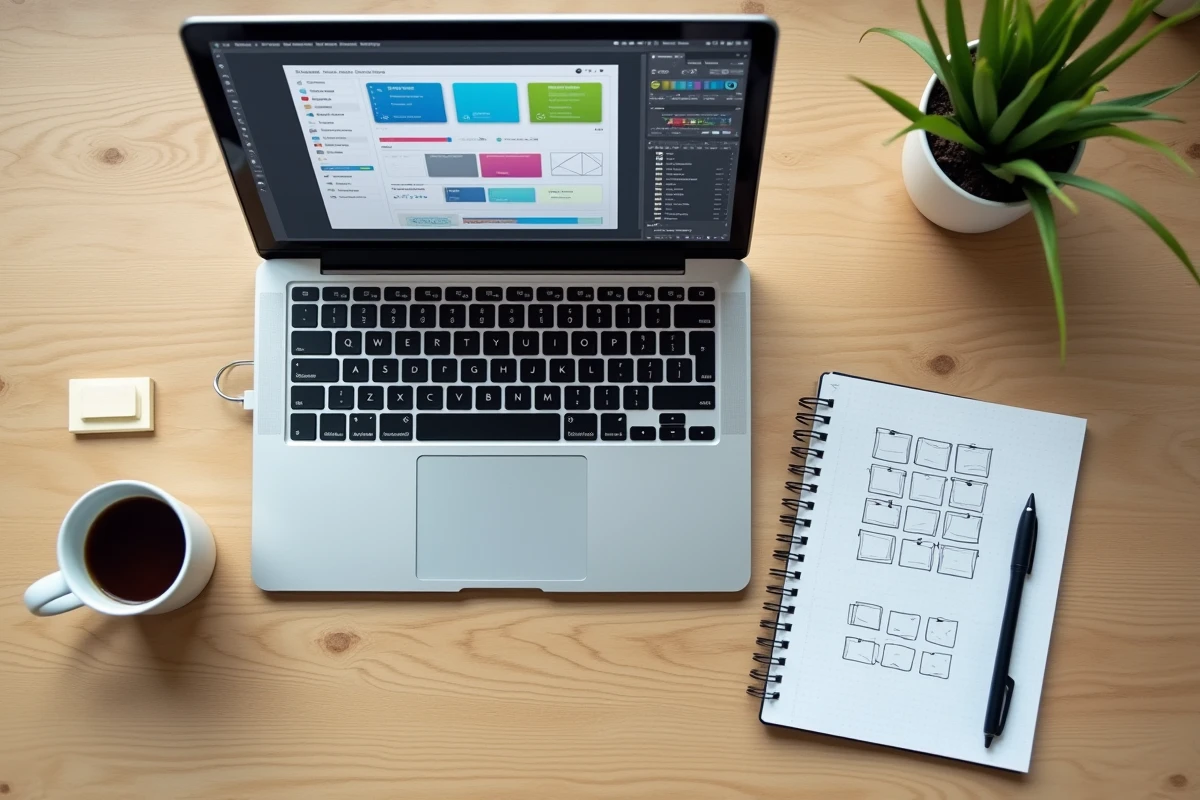 Vue aérienne d'un espace de travail avec ordinateur portable et notes pour créer une landing page gratuite