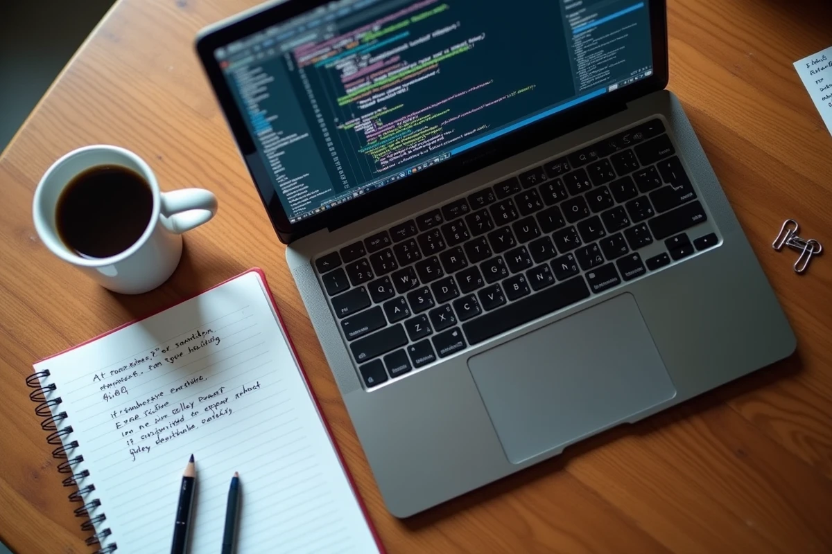 Vue aérienne d'un bureau avec code Express.js et notes de débogage pour résoudre une erreur 404
