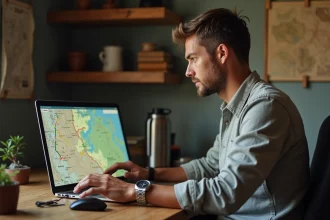 Randonneur consultant une application de fusion de traces GPX sur un ordinateur portable dans un bureau à domicile