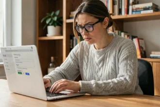 Femme gérant ses paramètres de confidentialité Google sur un ordinateur portable dans un bureau à domicile