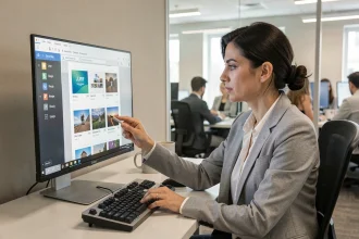 Femme professionnelle gérant des pièces jointes d'emails au format JFIF sur un écran d'ordinateur de bureau en open space