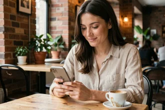 Femme consultant son Google Pixel 8a dans un café avec une autonomie de batterie préservée toute la journée