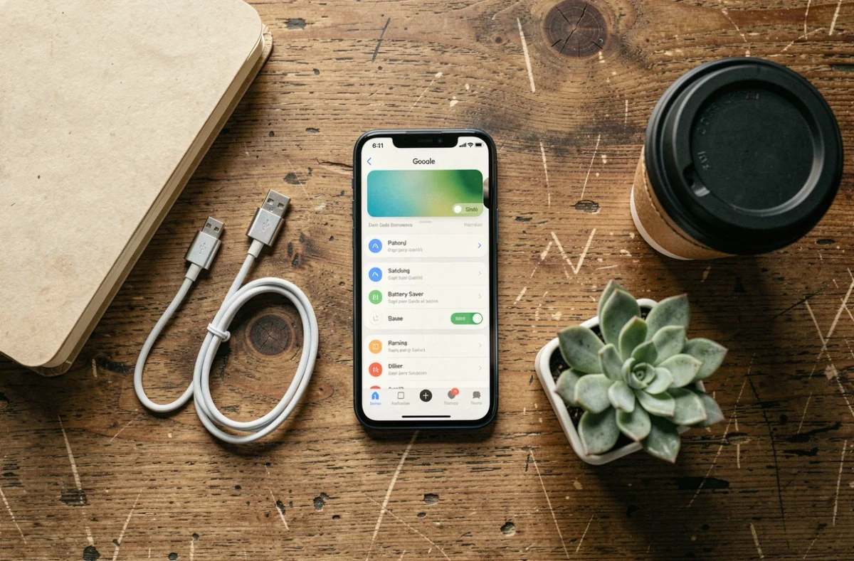 Flat lay du Google Pixel 8a affichant les paramètres d'économie de batterie sur un bureau en bois