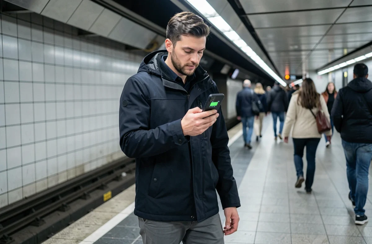 Homme vérifiant la batterie de son Google Pixel 8a dans le métro lors d'un trajet quotidien
