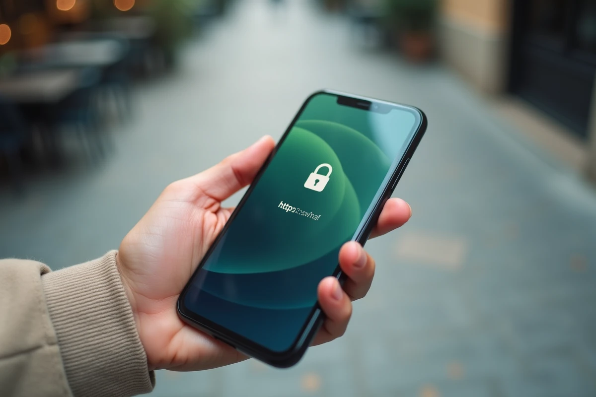 Gros plan d'un smartphone affichant une URL sécurisée HTTPS avec cadenas dans un navigateur mobile en extérieur