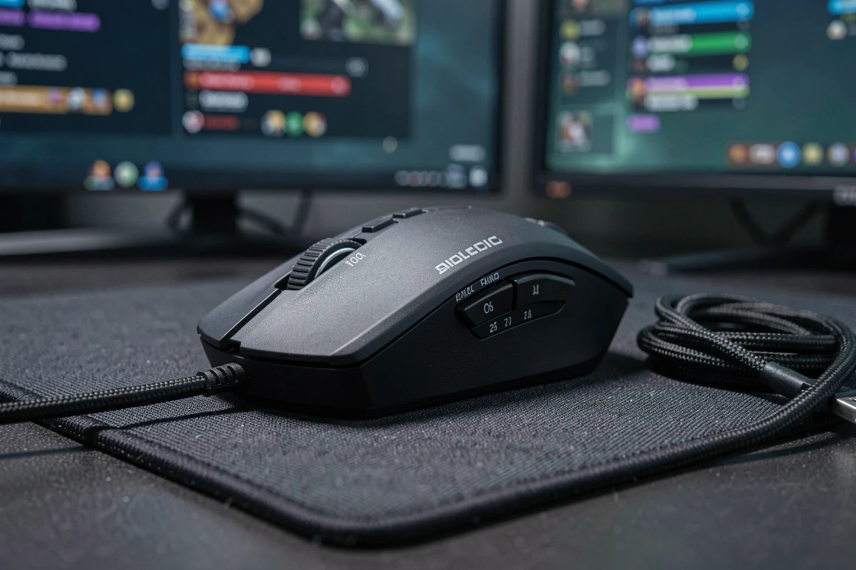 Gros plan d'une souris MMO avec boutons programmables sur tapis de souris gaming, écran MMORPG en arrière-plan flou