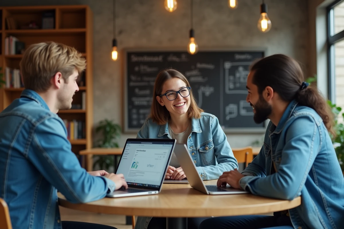 Groupe de jeunes professionnels comparant des logiciels populaires sur leurs ordinateurs portables dans un espace de coworking