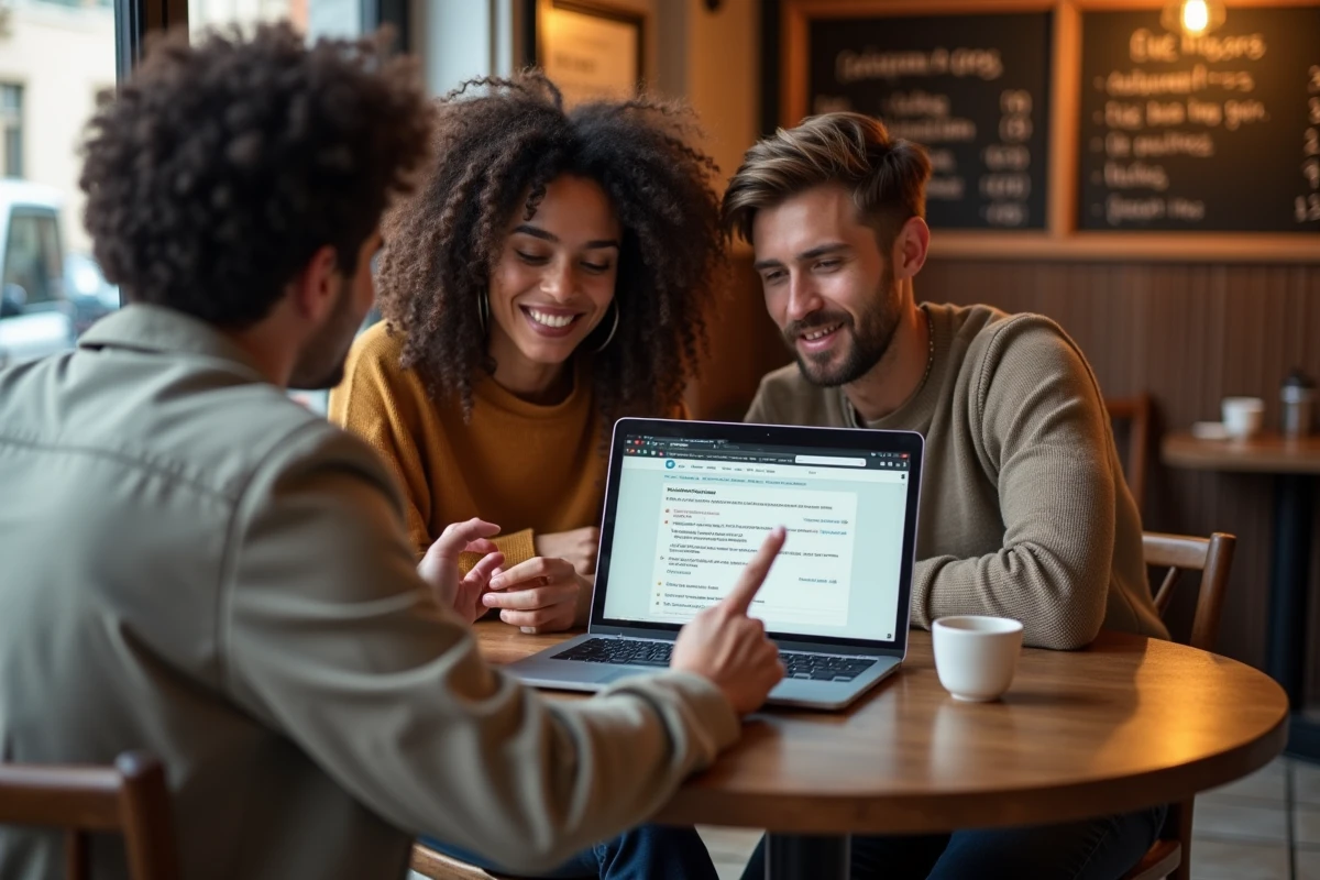 Groupe de jeunes créateurs de contenu discutant de la monétisation Instagram autour d'un ordinateur portable dans un café