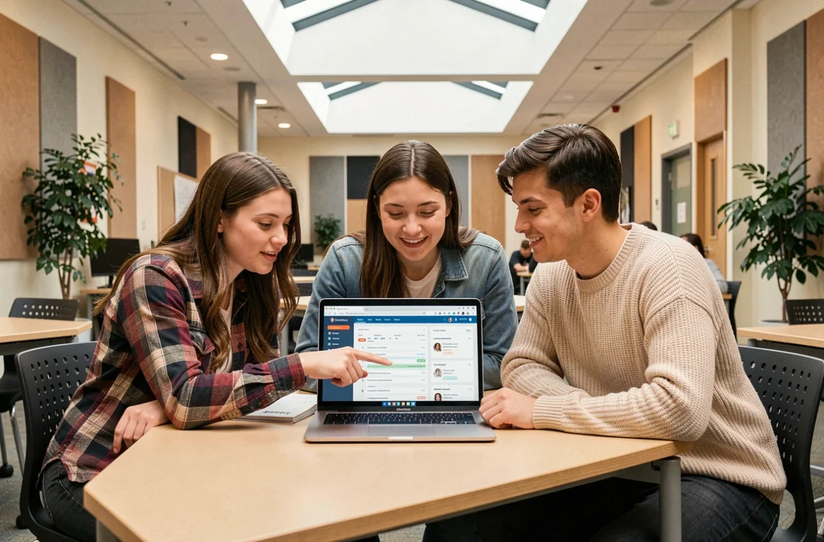 Groupe d'étudiants de Lyon 3 travaillant ensemble sur l'intranet universitaire dans un espace collaboratif du campus