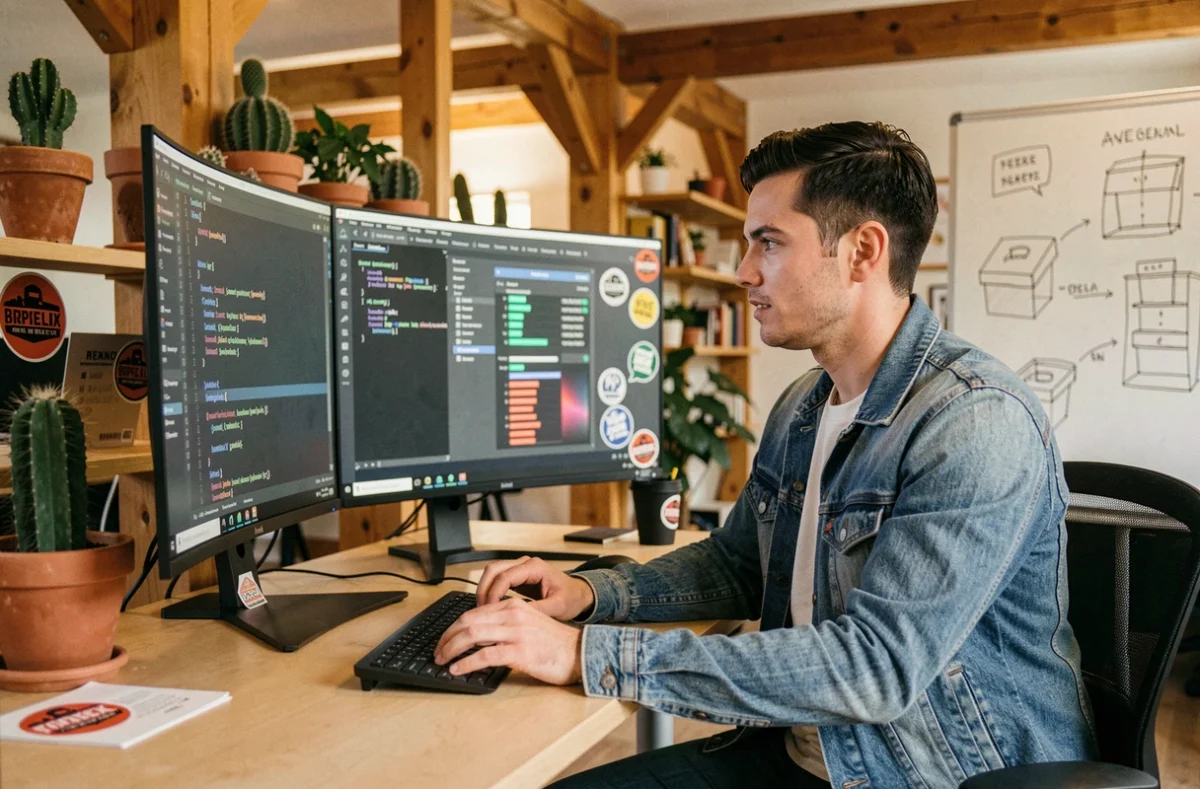 Développeur de Hello Pomelo travaillant sur la sécurité applicative et le code d'une application web dans un studio créatif