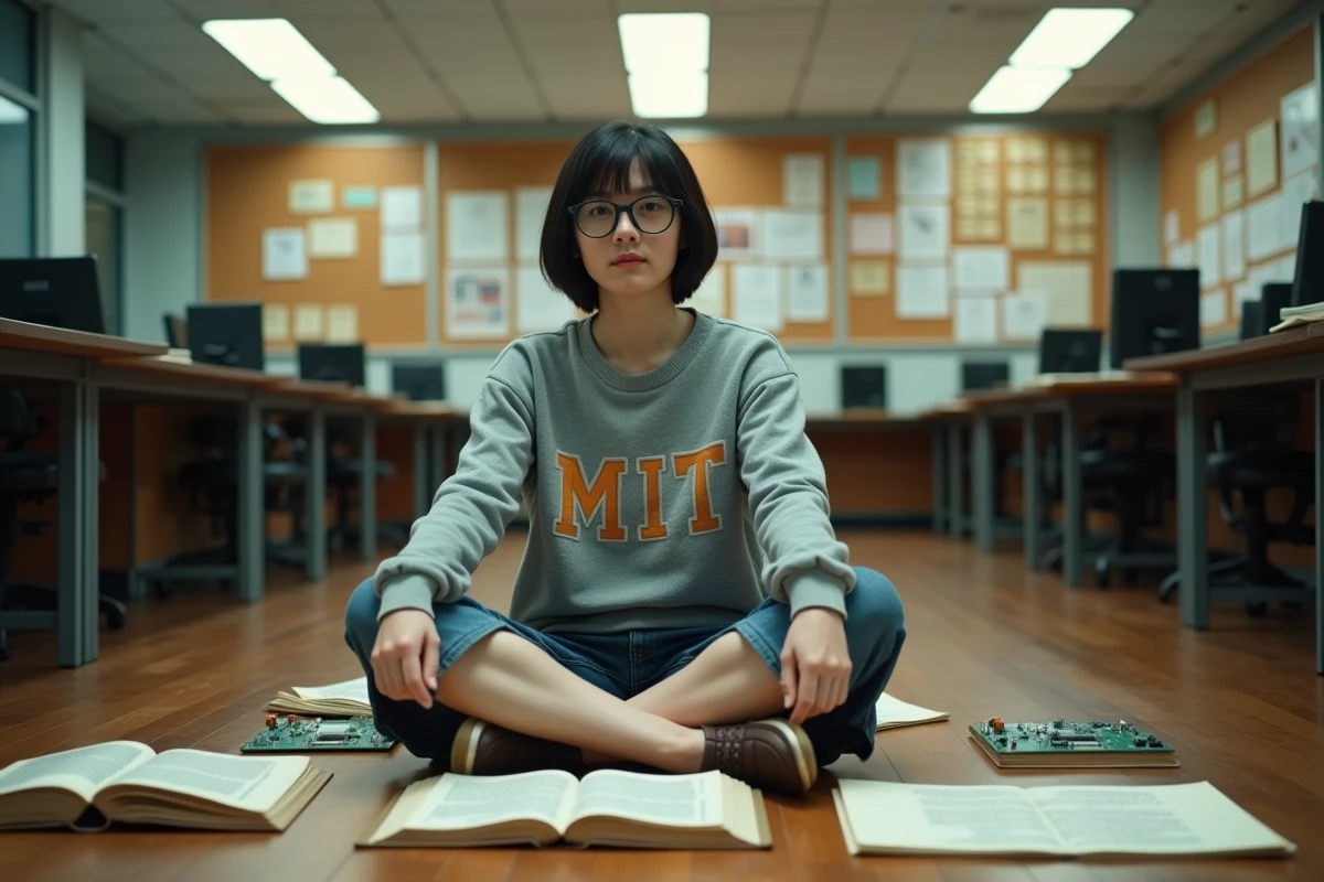 Femme étudiante en informatique dans un laboratoire universitaire des années 70, évoquant l'histoire du mot hacker
