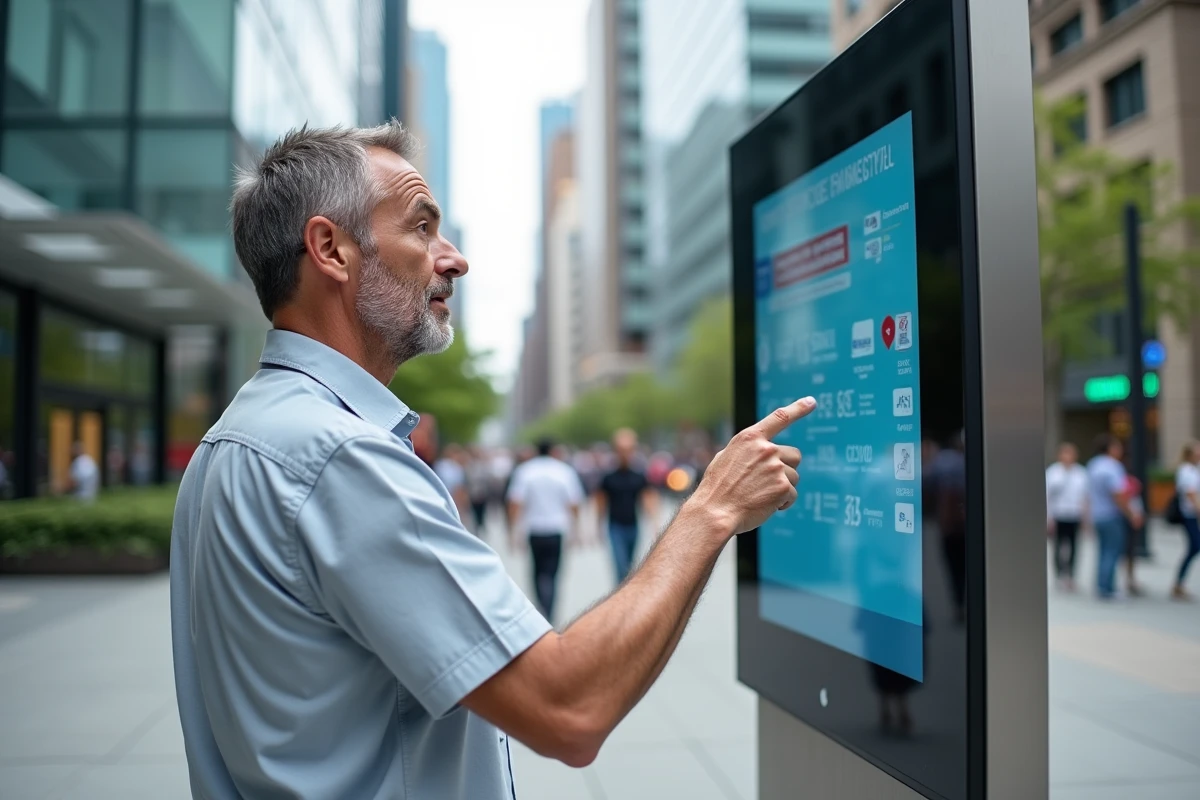 Homme interagissant avec une borne de plateforme numérique en libre-service en milieu urbain