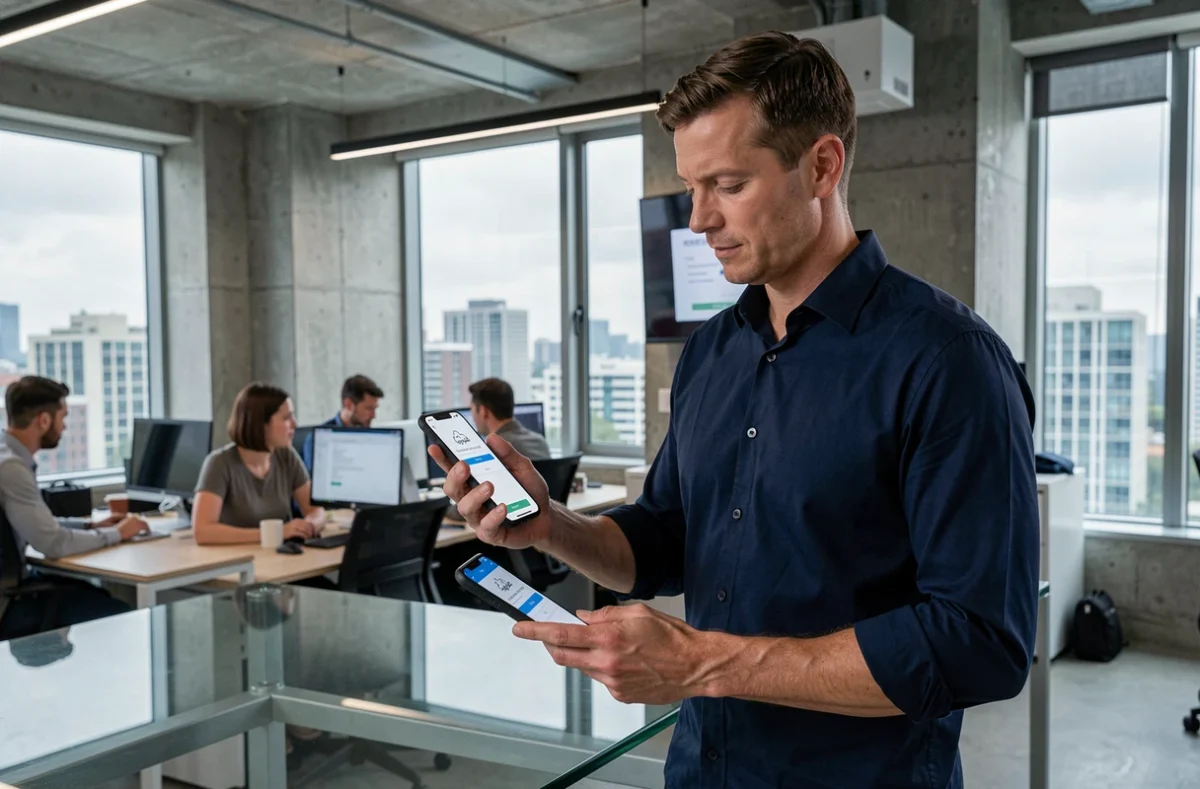 Homme en bureau moderne consultant une erreur de connexion à un service cloud sur son smartphone