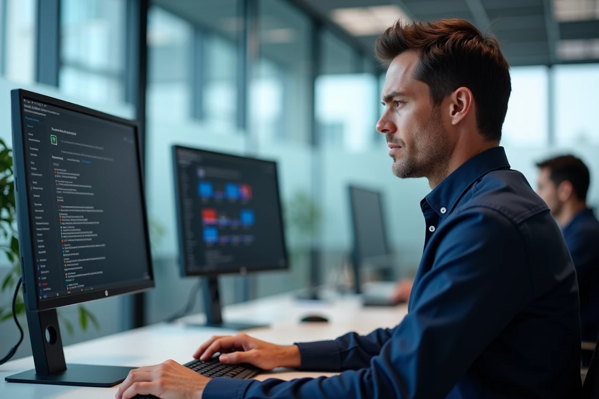 Homme en bureau professionnel modifiant les paramètres de synchronisation des dossiers OneDrive sous Windows
