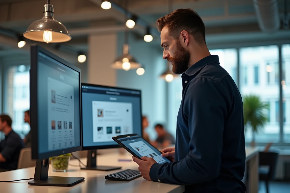 Homme comparant des applications de création de site web sur un écran d'ordinateur et une tablette dans un espace de coworking