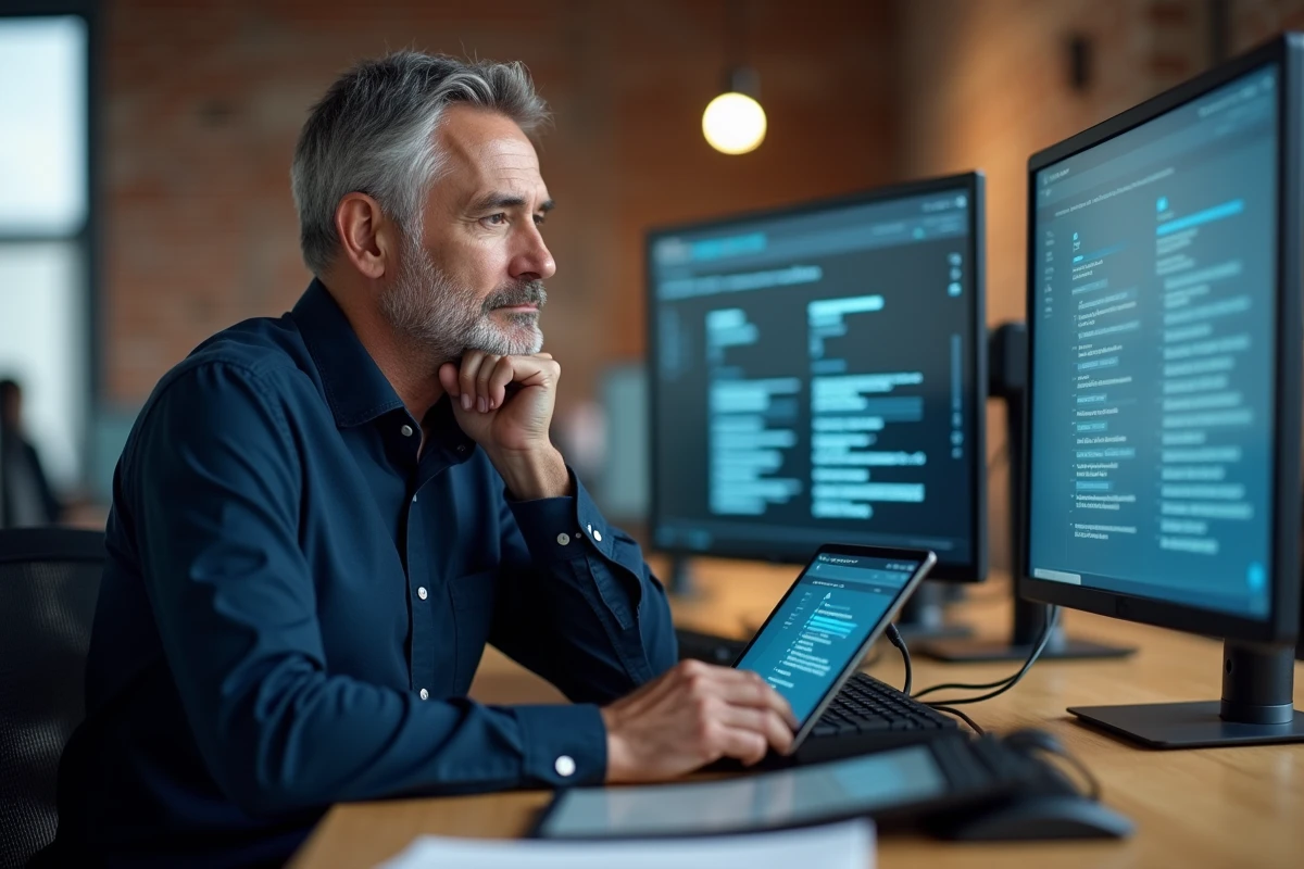 Homme comparant plusieurs interfaces de synthèse vocale sur écran et tablette dans un espace de coworking