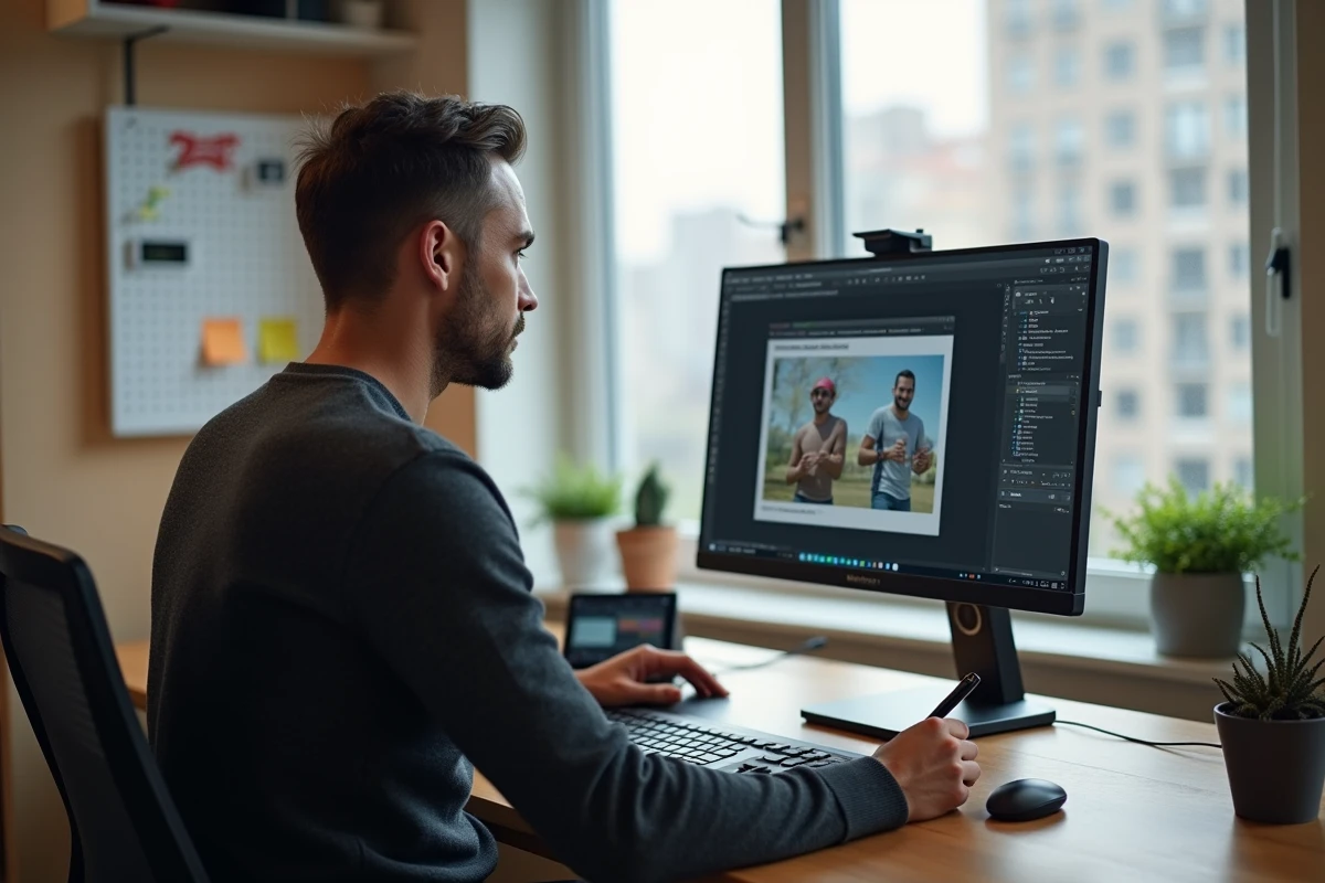 Un homme créant des visuels pour des publicités numériques sur un grand écran dans un bureau à domicile