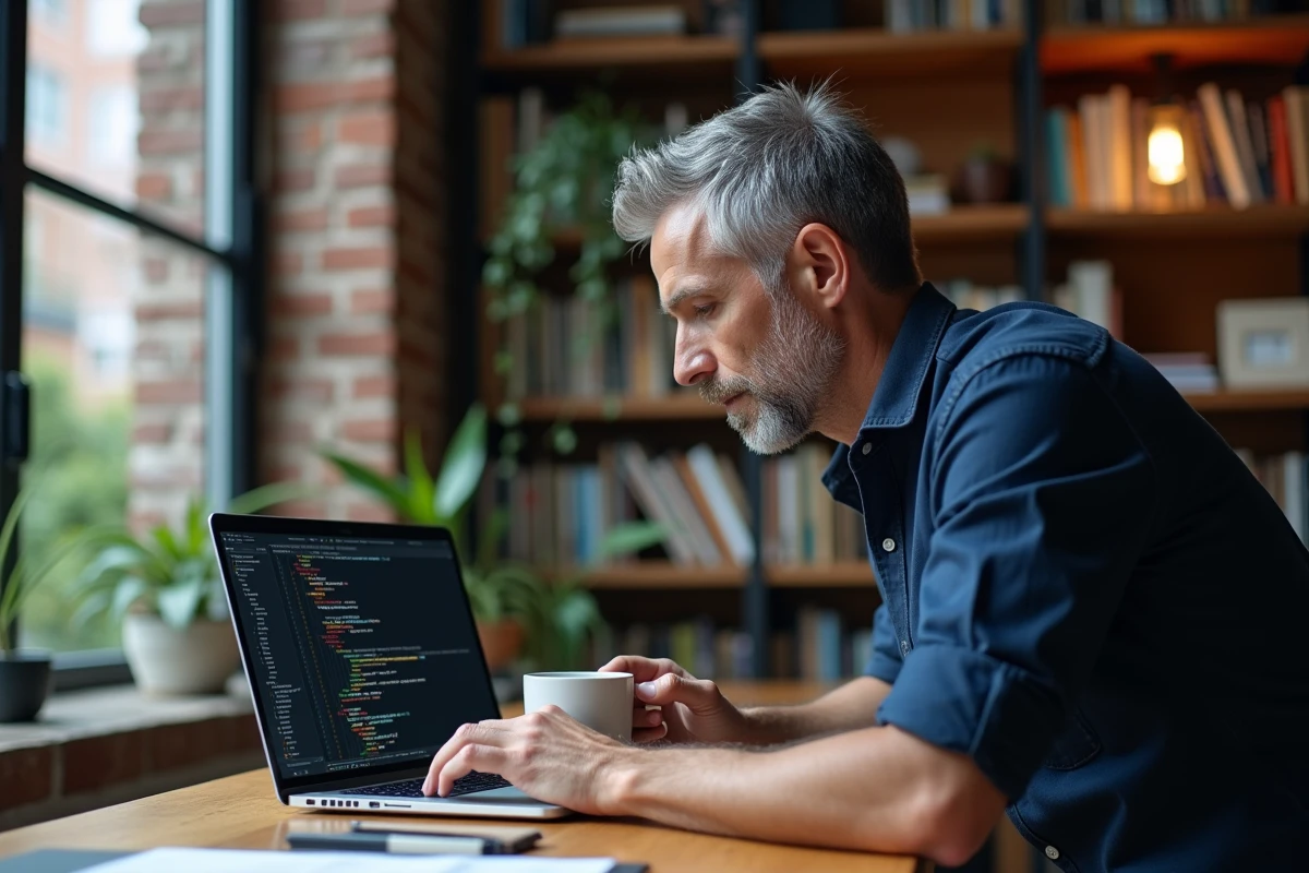 Homme développeur travaillant sur une requête SQL et un tableau Excel dans un bureau à domicile