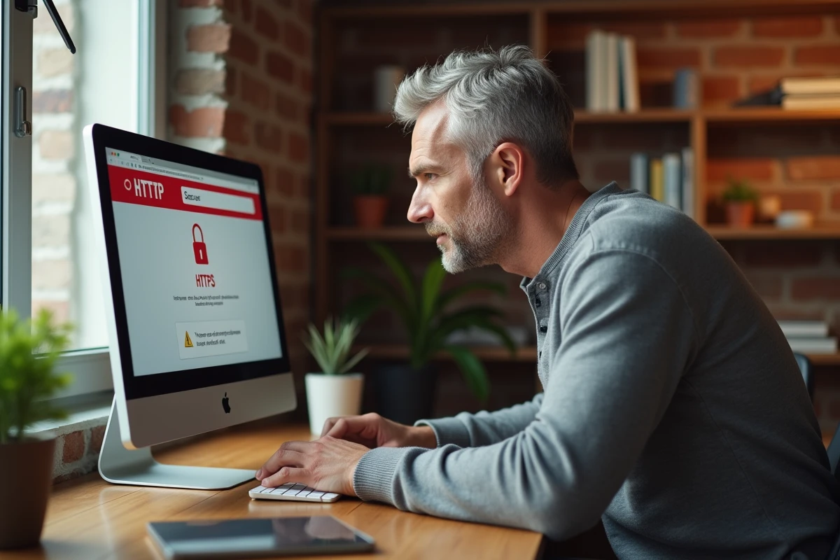 Homme consultant un ordinateur de bureau chez lui comparant une page HTTP non sécurisée et une page HTTPS protégée