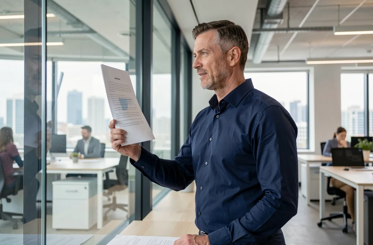 Homme en bureau moderne tenant une feuille imprimée contre une vitre pour visualiser l'effet miroir du texte sur papier