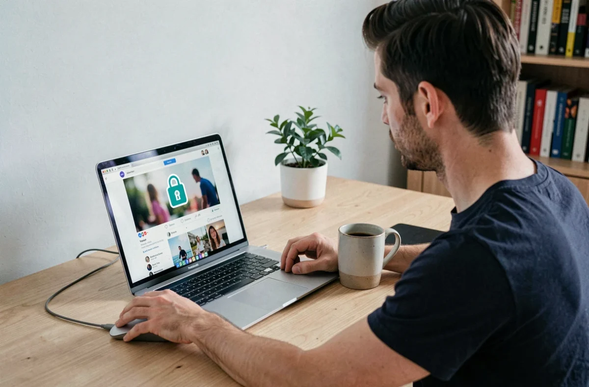 Homme cherchant à enregistrer une story Instagram depuis un compte privé sur son ordinateur portable
