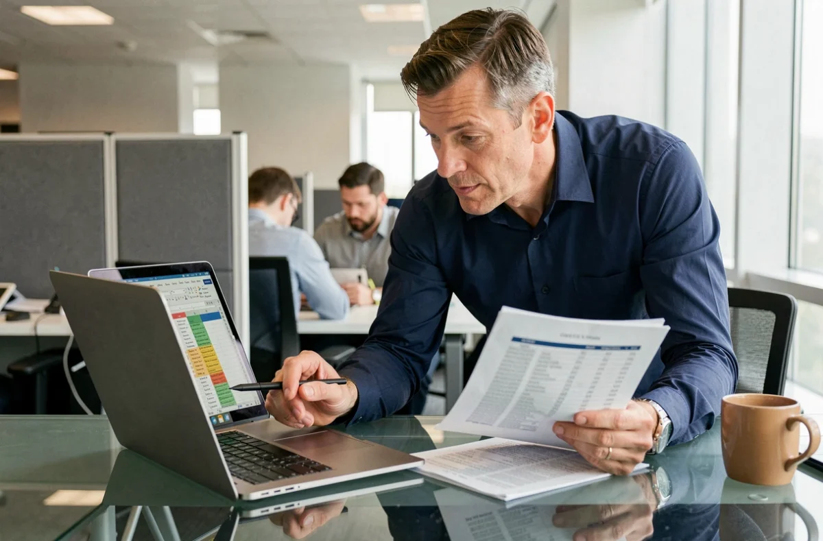 Homme en bureau professionnel comparant un tableau Excel sur laptop avec une feuille imprimée pour soustraire des cellules non adjacentes