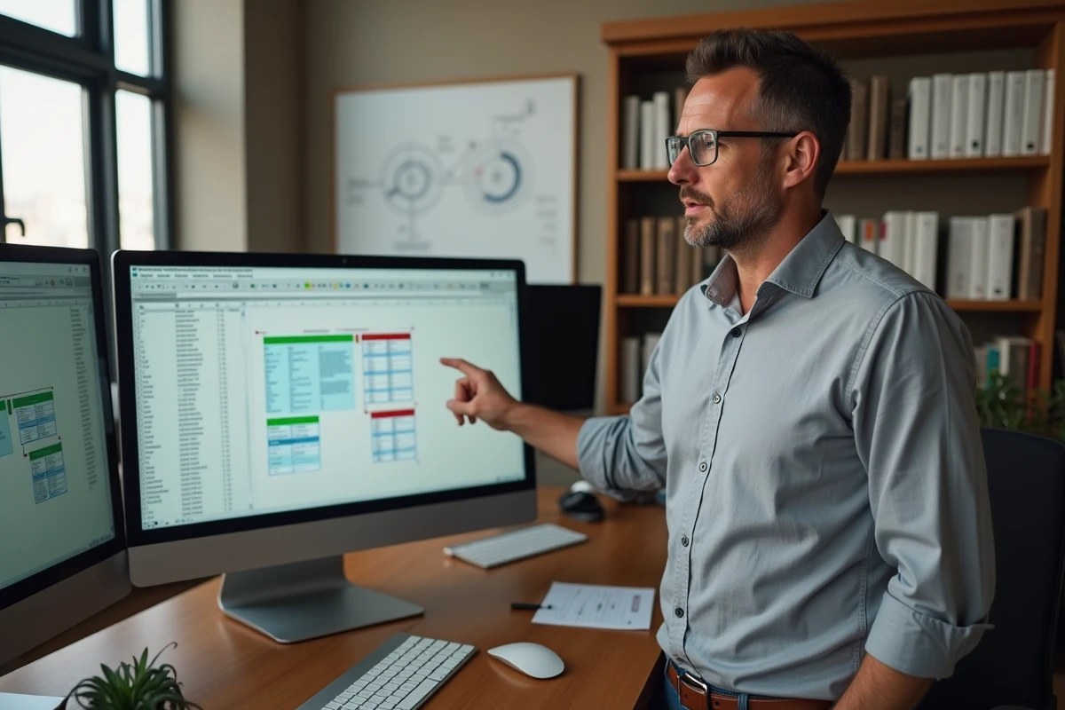 Homme expliquant la différence entre Power Pivot et tableau croisé dynamique sur deux écrans d'ordinateur dans un bureau privé