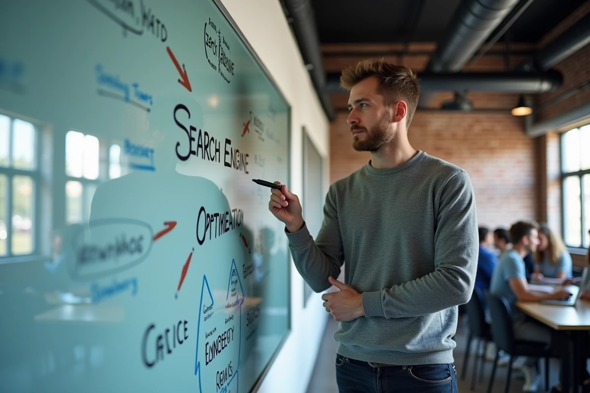 Un jeune homme expliquant les concepts du référencement naturel SEO devant un tableau blanc avec des mots-clés et des schémas
