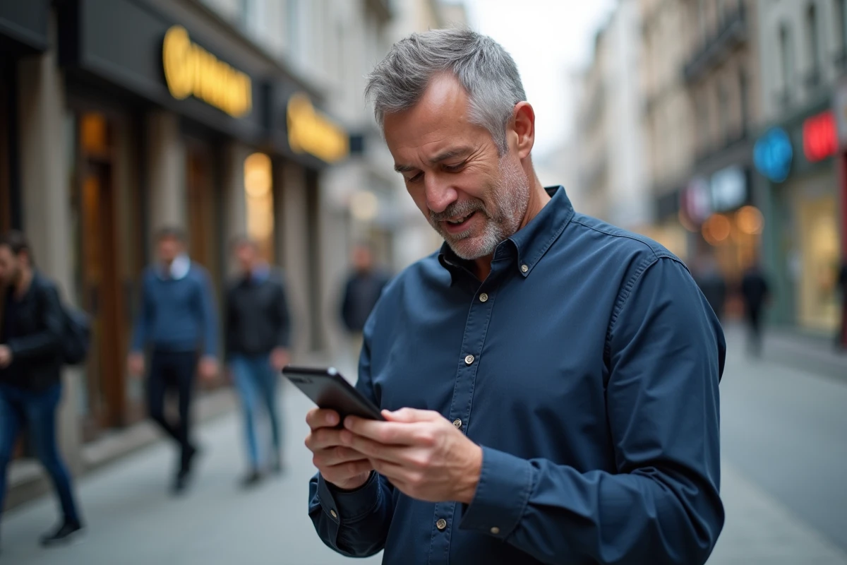 Homme d'affaires vérifiant sa facture de téléphone mobile en ville, questionné par le coût des SMS