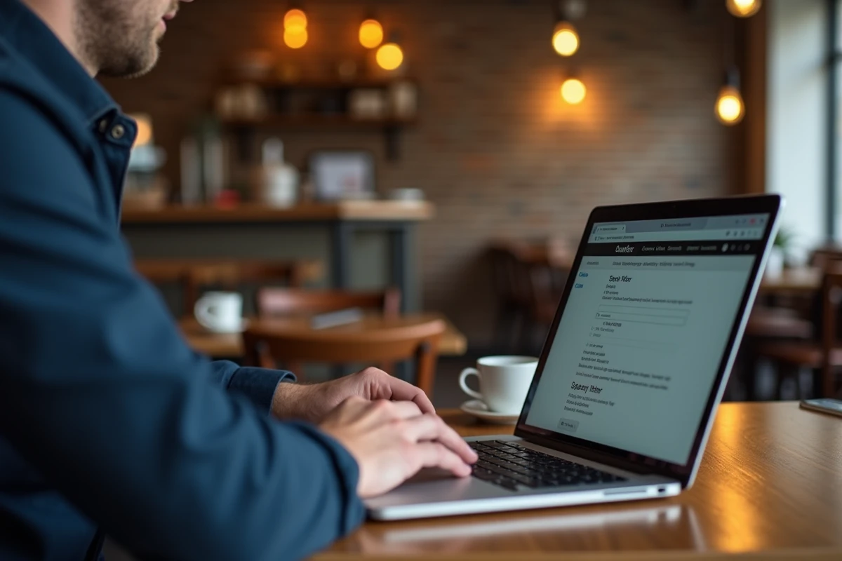 Homme configurant les filtres anti-spam de sa messagerie sur un ordinateur portable dans un café