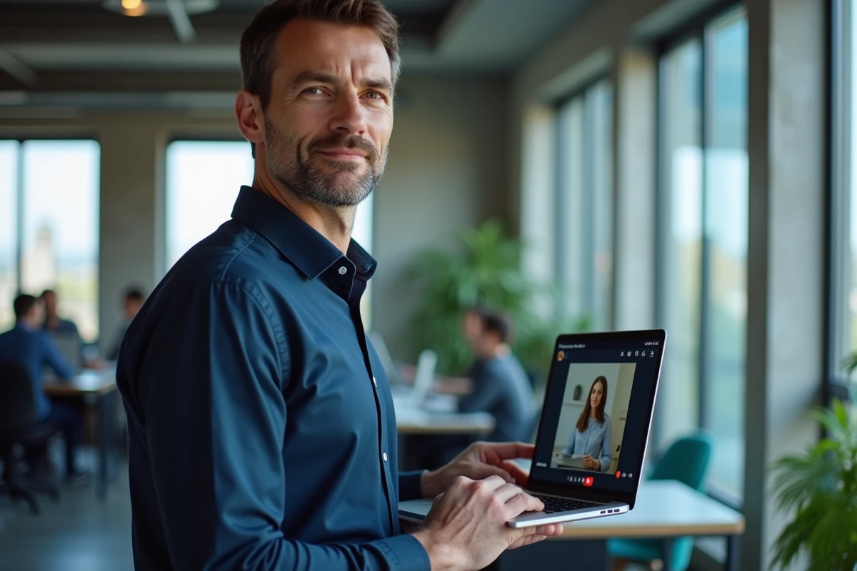 Homme professionnel utilisant un service de téléphonie VoIP comme Google Voice dans un bureau en open space moderne