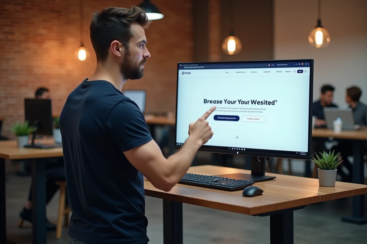Développeur web masculin configurant une landing page gratuite sur un grand écran dans un espace de coworking