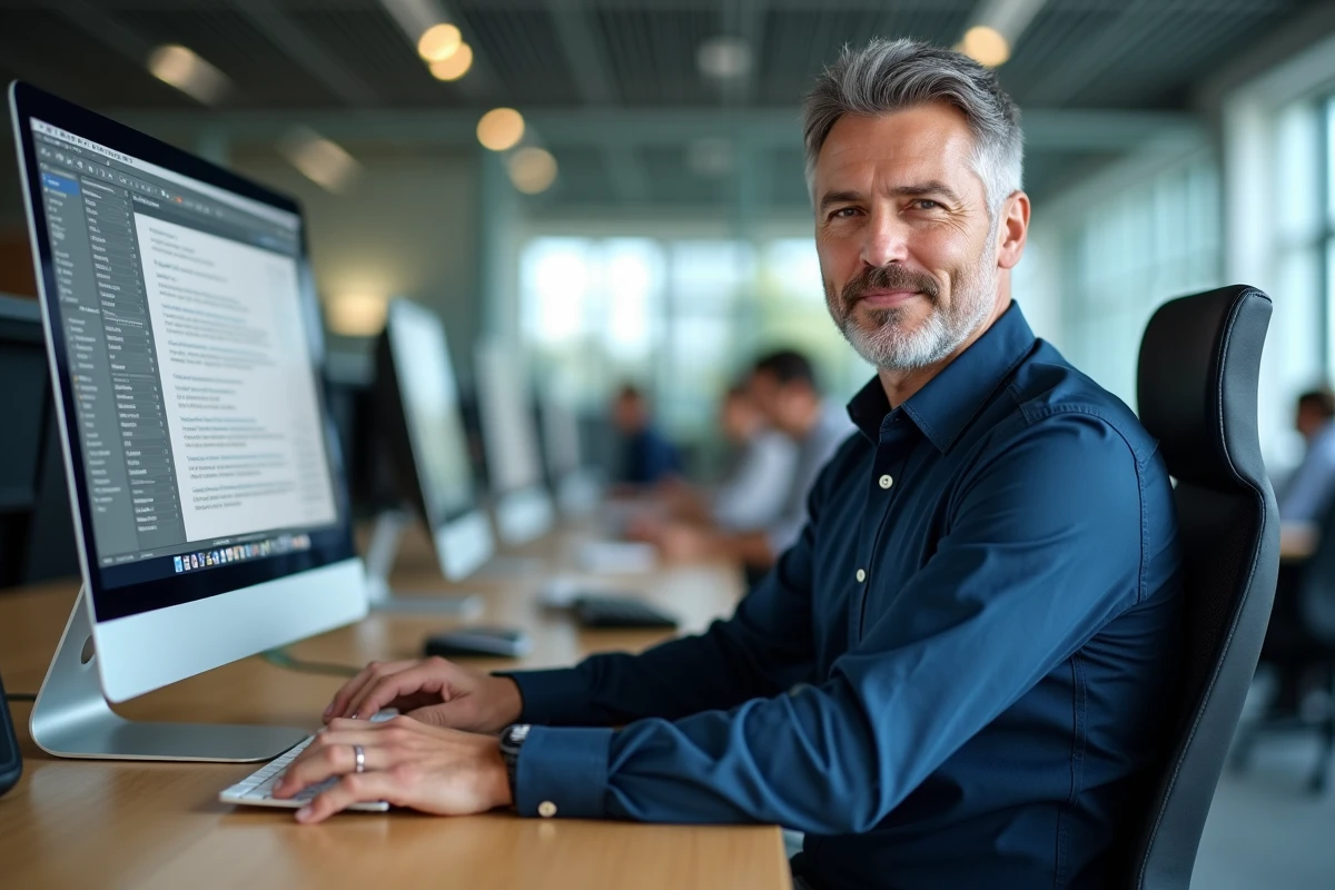 Homme en entreprise travaillant sur un logiciel de traitement de texte avec un grand écran de bureau dans un open space