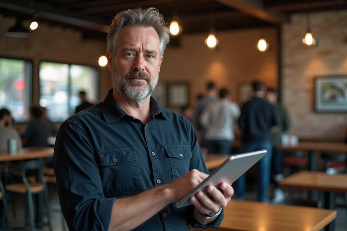 Homme utilisant une application de messagerie sur tablette dans un café urbain