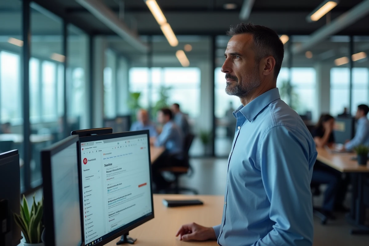 Homme professionnel consultant un tableau de bord de flux RSS sur deux écrans dans un bureau en open space