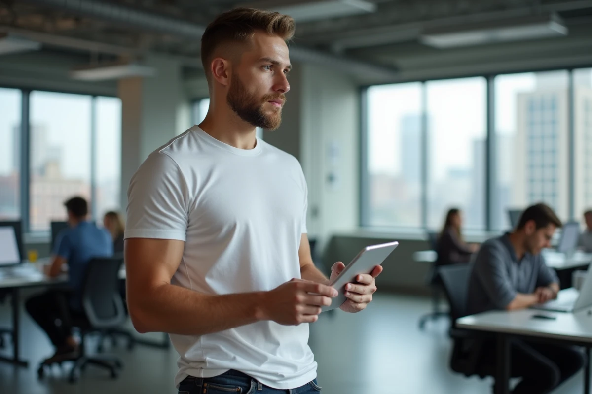Homme tenant une tablette affichant un profil Instagram avec 1000 abonnés dans un espace de coworking moderne