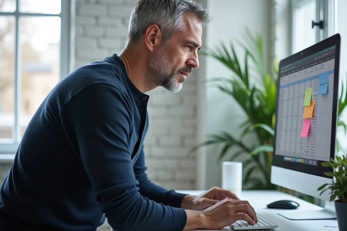 Homme travaillant sur un logiciel de productivité dans un bureau à domicile minimaliste