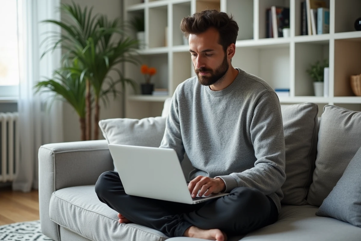 Homme en pull gris travaillant sur un test A/B pour optimiser le taux de conversion depuis un bureau à domicile