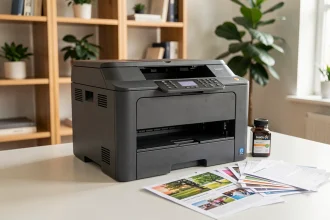 Imprimante à réservoir d'encre posée sur un bureau blanc avec des documents imprimés et une bouteille d'encre de recharge