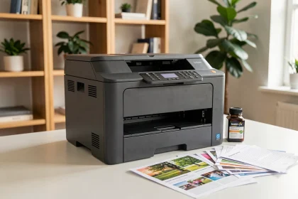 Imprimante à réservoir d'encre posée sur un bureau blanc avec des documents imprimés et une bouteille d'encre de recharge