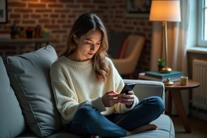 Jeune femme absorbée par son smartphone sur un canapé, illustrant l'influence des réseaux sociaux sur le quotidien