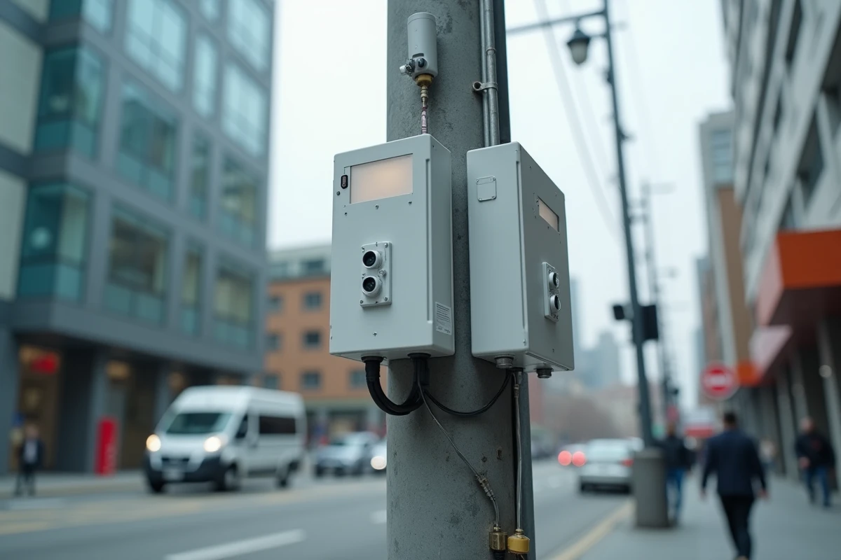 Infrastructure urbaine de réseau 5G et capteurs IoT installés sur un poteau en ville, illustrant l'impact sur la couche liaison de données