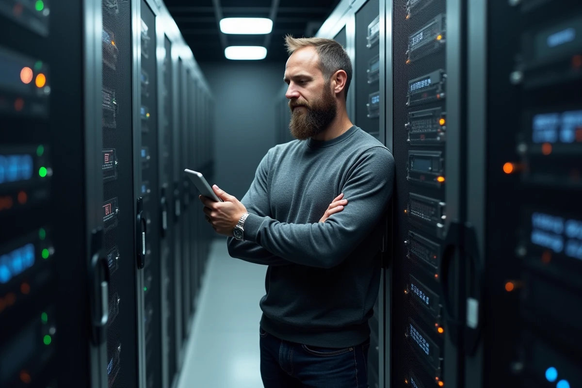 Ingénieur cloud inspectant des serveurs dans une salle de datacenter moderne