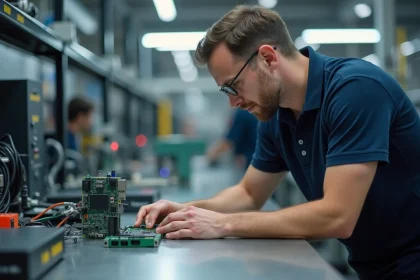 Ingénieur électronique connectant un module de contrôle de mouvement phyLOGIC sur un établi de laboratoire industriel moderne