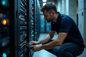 Ingénieur réseau inspectant un rack de serveurs edge computing installé sur site dans une salle informatique industrielle