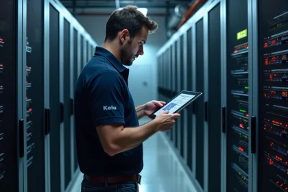 Ingénieur réseau analysant les impacts de la 5G et de l'IoT sur la couche de liaison de données dans une salle de serveurs moderne