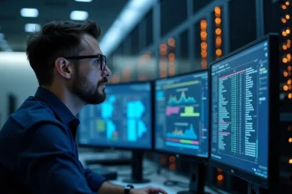 Ingénieur réseau analysant des tableaux de bord de virtualisation des fonctions réseau (NFV) sur plusieurs écrans dans une salle d'opérations de centre de données