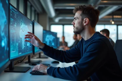 Ingénieur logiciel analysant des technologies alternatives à la blockchain sur des écrans de bureau dans un bureau tech moderne