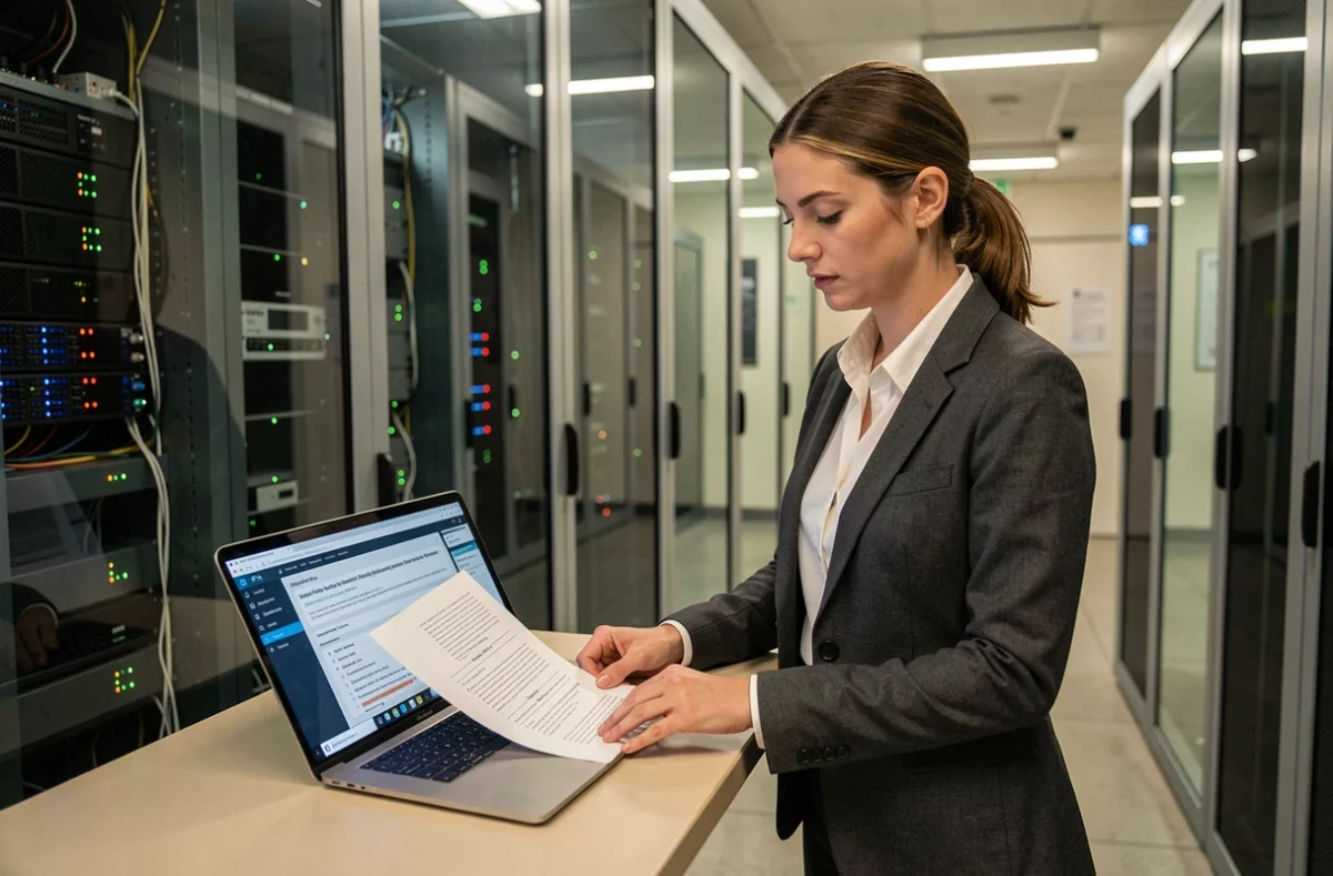 Ingénieure en sécurité informatique analysant un rapport comparatif entre Critical System Protection et des solutions EDR classiques dans une salle de serveurs